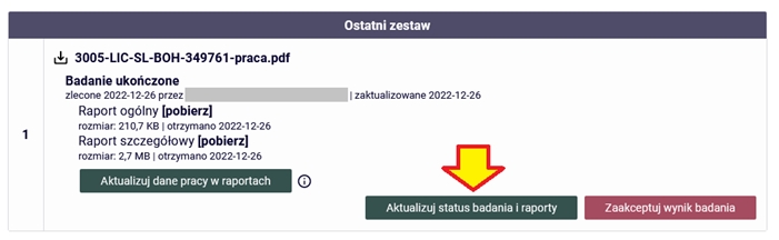 Zdjęcie pokazuje miejsce, w&nbsp;którym znajduje się przycisk: "Aktualizuj statusu badania i&nbsp;raporty"