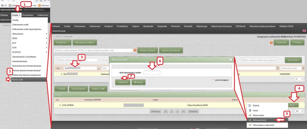 Aktywowanie hasła do konta CUS w USOSadm JAVA